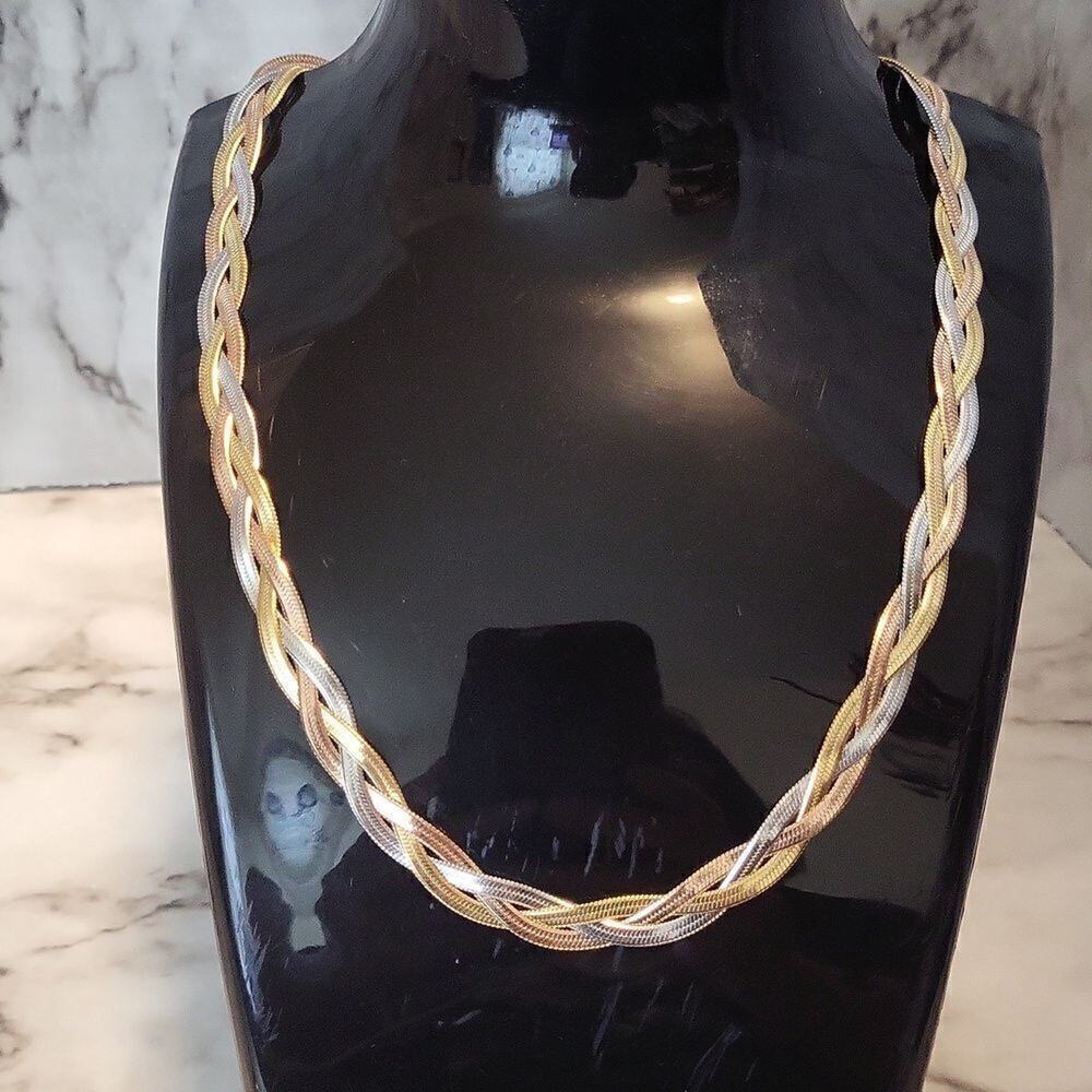 Stainless Steel Necklace Herringbone braided Tri-Colour Flat snake Chain 2 Pcs. - Picture 10 of 15